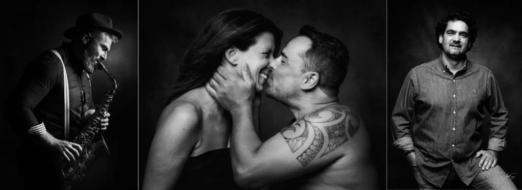 Triptyque de portraits en noir & blanc : un musicien, un couple complice et un entrepreneur. Réalisés par Art6Sens, Portraitiste de France à Arcachon et La Teste.