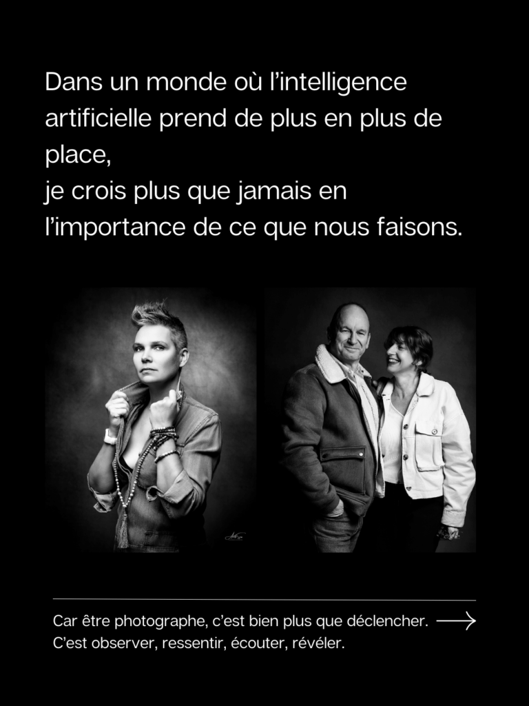 Portraits en noir et blanc illustrant l’authenticité et l’écoute, face aux enjeux contemporains de l’IA.