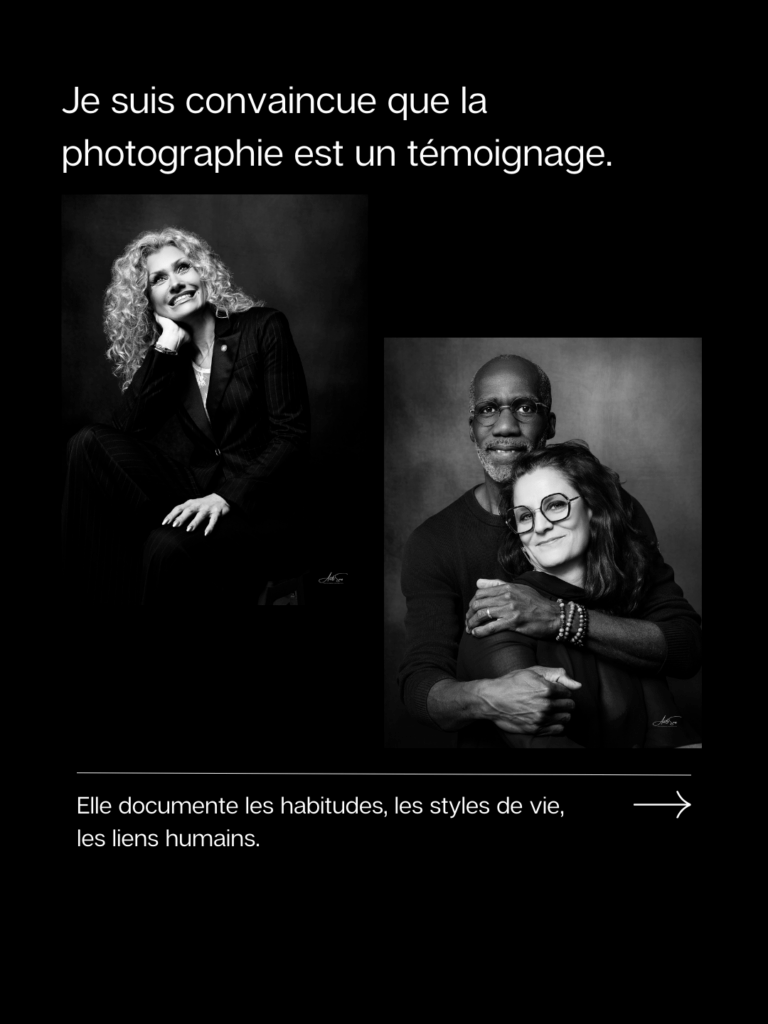 Portraits d’un couple et d’une femme en noir et blanc, illustrant la photographie comme mémoire des liens humains et du quotidien.
