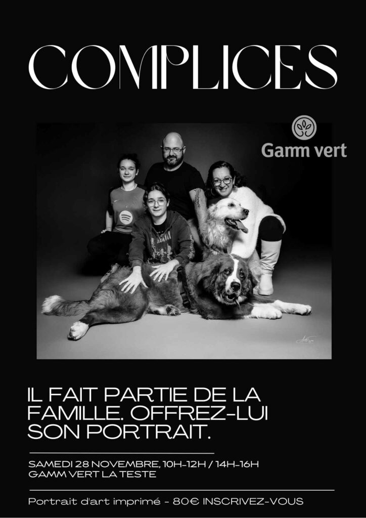 Affiche du studio éphémère installé chez Gamm vert à LA Teste pour une séance photo avec son animal